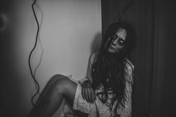 Portrait of asian woman make up ghost,Scary horror scene for background,Halloween festival...