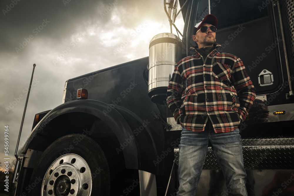 Poster Commercial Semi Truck Driver in Front of His Vehicle