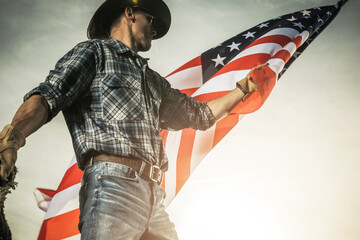 American Proud Caucasian Cowboy Waving USA Flag