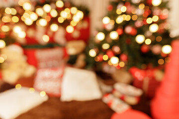 Christmas home room with tree and festive bokeh lighting, blurred holiday background, no focus