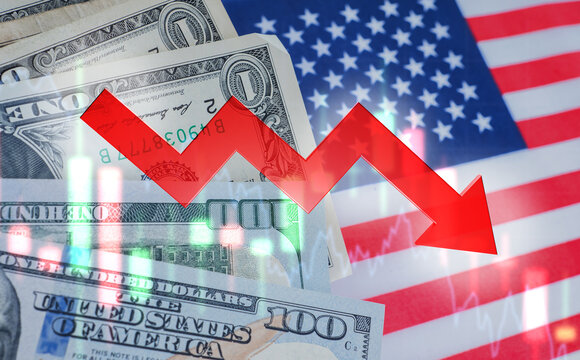 Area inflation USD. Down arrow in front of USA dollars. Dollar depreciation chart. Concept of reducing solvency of American currency. USA flag and paper money. Inflation infographic USD. 3d image.