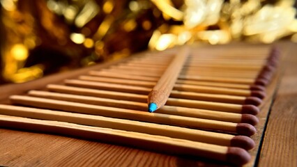 Closeup of a pencil on row of decorative matches on wooden surface - creative background