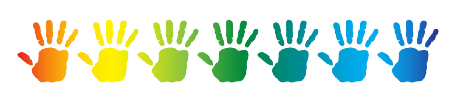 Hand rainbow print Child color handprint stamp Kids hands drawing child hand prints Funny vector silhouette sign Clipart cartoon kid smile face Drawn painted Bright human fingers and palm icon