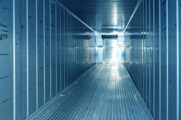 Cooled truck body. Truck body view from inside. Refrigerated container without anything. Truck body...