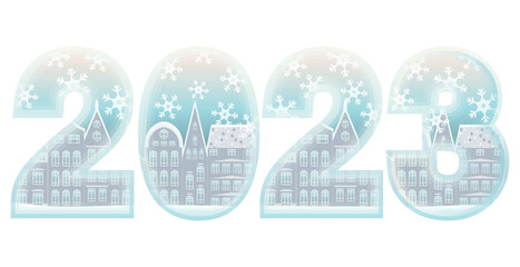 New 2023 year winter city banner, vector illustration	