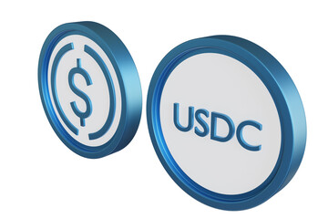 USDC coins. Digital money close-up. USDC logo isolated on white. USDC crypto technology. USD coin...