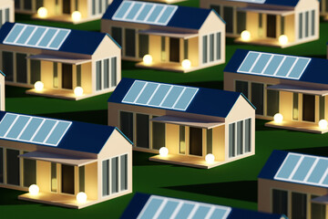 Solar panels on houses. Roofs of houses are equipped with solar generators. Own solar power plants on cottages. IVF panels. Identical Eco cottages on green lawn. Sunlight panels. 3d rendering.