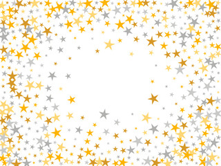 Creative silver and gold stars falling vector texture. Many starburst spangles Noel decoration confetti. Celebration stars falling backdrop. Sparkle particles congratulations decor.