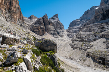 Mountain landscape in summer in Western Dolomites (Dolomiti di Brenta) - Vallesinella - Madonna di Campiglio, Trentino Alto Adige, northern Italy - Europe