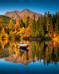 Strbske Pleso, High Tatras, Slovakia. Season - autumn. Sunset colors of autumn. Szczyrbskie Jezioro, Tatry Wysokie, Słowacja. Pora roku - jesień	 - obrazy, fototapety, plakaty