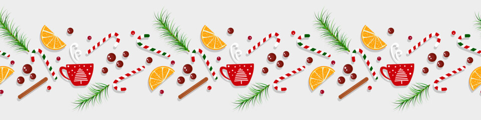 Christmas, Happy New Year border seamless pattern, traditional Christmas food holiday house background with cinnamon sticks, candy cane, chocolate or coffee cup, orange fruit,
