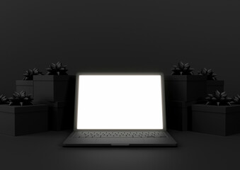Black Friday / Cyber Monday. Laptop computer with bright screen and presents with ribbons. Black background. Copy space. Online shopping.	
