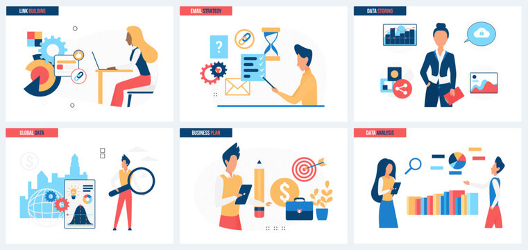 Big data, link building and storage of information for analysis, marketing business strategy set vector illustration. Cartoon tiny people work with magnifying glass and report charts on dashboard