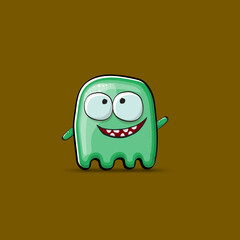 Funny cute smiling green ghost monster isolated on brown background. Ghost cartoon character and cute emoji. Halloween spirit element.