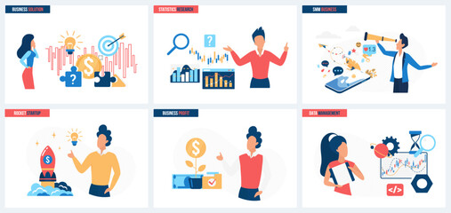 SMM solution, business statistics research and data management set vector illustration. Cartoon tiny people launch startup rocket, study marketing trends in telescope and growth of financial charts