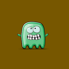 Funny cute smiling green ghost monster isolated on brown background. Ghost cartoon character and cute emoji. Halloween spirit element.