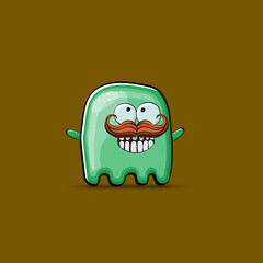 Funny cute smiling green ghost monster isolated on brown background. Ghost cartoon character and cute emoji. Halloween spirit element.