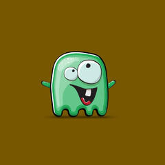 Funny cute smiling green ghost monster isolated on brown background. Ghost cartoon character and cute emoji. Halloween spirit element.