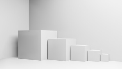 Illustration of white cubes or boxes of different sizes in realistic studio interior orderly aligned in a row, 3D rendering background with copy space for text