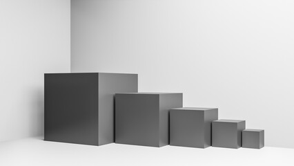 Illustration of black cubes or boxes of different sizes in realistic studio interior orderly aligned in a row, 3D rendering background with copy space for text