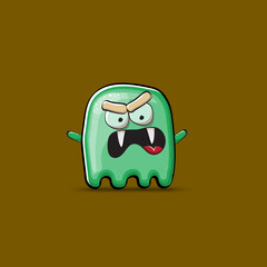 Funny cute smiling green ghost monster isolated on brown background. Ghost cartoon character and cute emoji. Halloween spirit element.