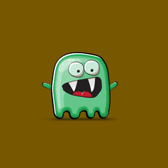 Fototapeta premium Funny cute smiling green ghost monster isolated on brown background. Ghost cartoon character and cute emoji. Halloween spirit element.