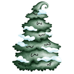 Fototapeta na wymiar Christmas Tree with snow watercolor illustration on transparent background