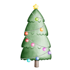 Christmas Tree with star and lighting decoration watercolor illustration on transparent background