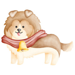 Corgi dog with Christmas red scarf and gold bell watercolor illustration on transparent background