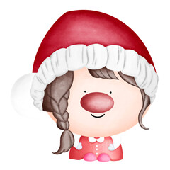 Gnome mama wearing Santa hat and red dress in Christmas season watercolor illustration on transparent background