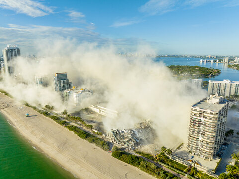 Aerial drone photo of the Deauville Hotel moments after it's implosion