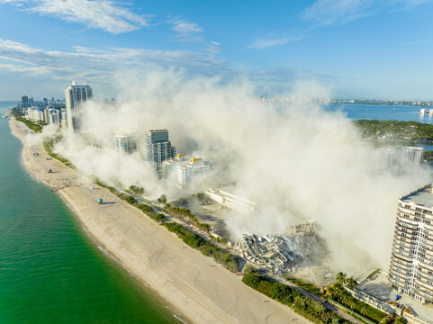 Aerial drone photo of the Deauville Hotel moments after it's implosion
