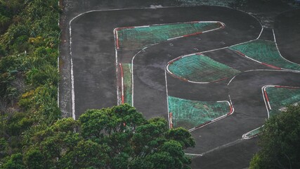 Aerial view of a karting ring in the Paritutu Rock, New Plymouth, New Zealand