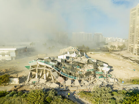 Aerial drone photo of the Deauville Hotel moments after it's implosion