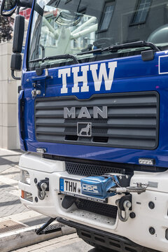 Neuwied, Germany - July 09, 2022: frontside of a "MAN" truck of the German "Technisches Hilfswerk" (Federal Agency for Technical Relief) 