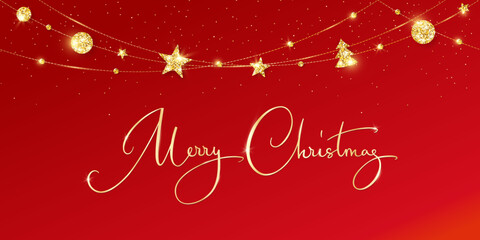 Christmas banner. Golden glitter decoration on red background. Hand written Merry Christmas text. Holiday border, vector frame. Festive garland with stars. For New Year cards, headers, party flyers