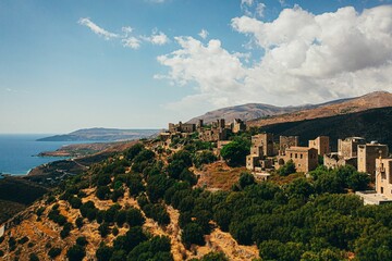 Beautiful castles on the forested sea hills in Vathia, Greece