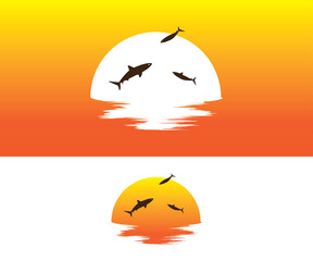 Fish Flying out of the water at the Horizon Orange Gradient Sunset Vector Logo Icon for Branding