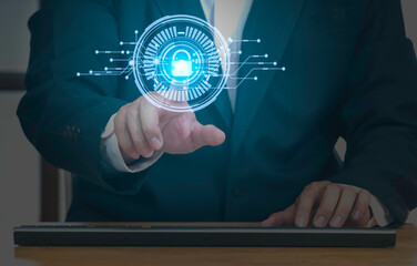 Businessman press on digital screen interface big data analytics with shield guard to protected from cyber attacks and personal data security. Network security system concept
