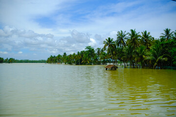 Abstract Defocused Blurred Background The beauty of a river surrounded by coconut trees in Pangandaran - Indonesia. Not Focus