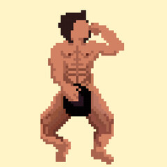 Sexy naked half-naked male stripper model posing. The athlete guy covers his groin with a hat. Concert pixel art. Character for 2d retro style video game