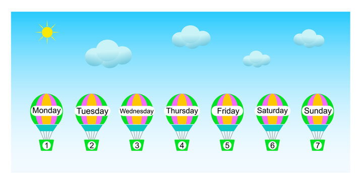 Educational material for kids. Learn days of the week. Cartoon hot air balloon design with Days of the week cards. Vector illustration