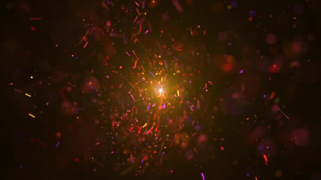 Glowing multicolored hot sparks emitting and exploding from a pyrotechnic sparkler. Full HD firework motion background animation.