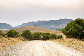Obraz premium Beautiful landscape with fields and mountains in Andalusia, a woman walks along a road, Spain.