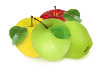 Apples on an isolated white background. Red, yellow and green apples