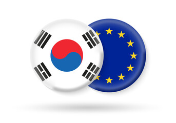 South Korea and EU circle flags. 3d icon. European Union and South Korean national symbols. Vector illustration.