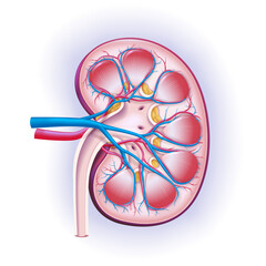 3D illustration, cross-section of human kidney, seen blood vessels and arteries used in medicine. Education and Commerce.