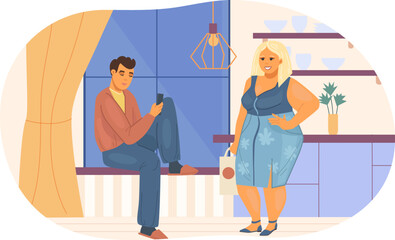 Smiling overweight woman talking with man sitting on windowsill