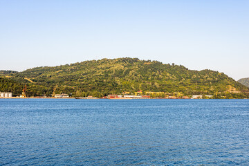 Fototapeta premium View of Danube river and Orsova city, waterfront view. Orsova, Romania, 2020