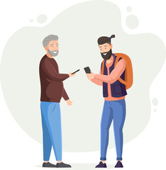 Two men with phones in their hands standing and communicating